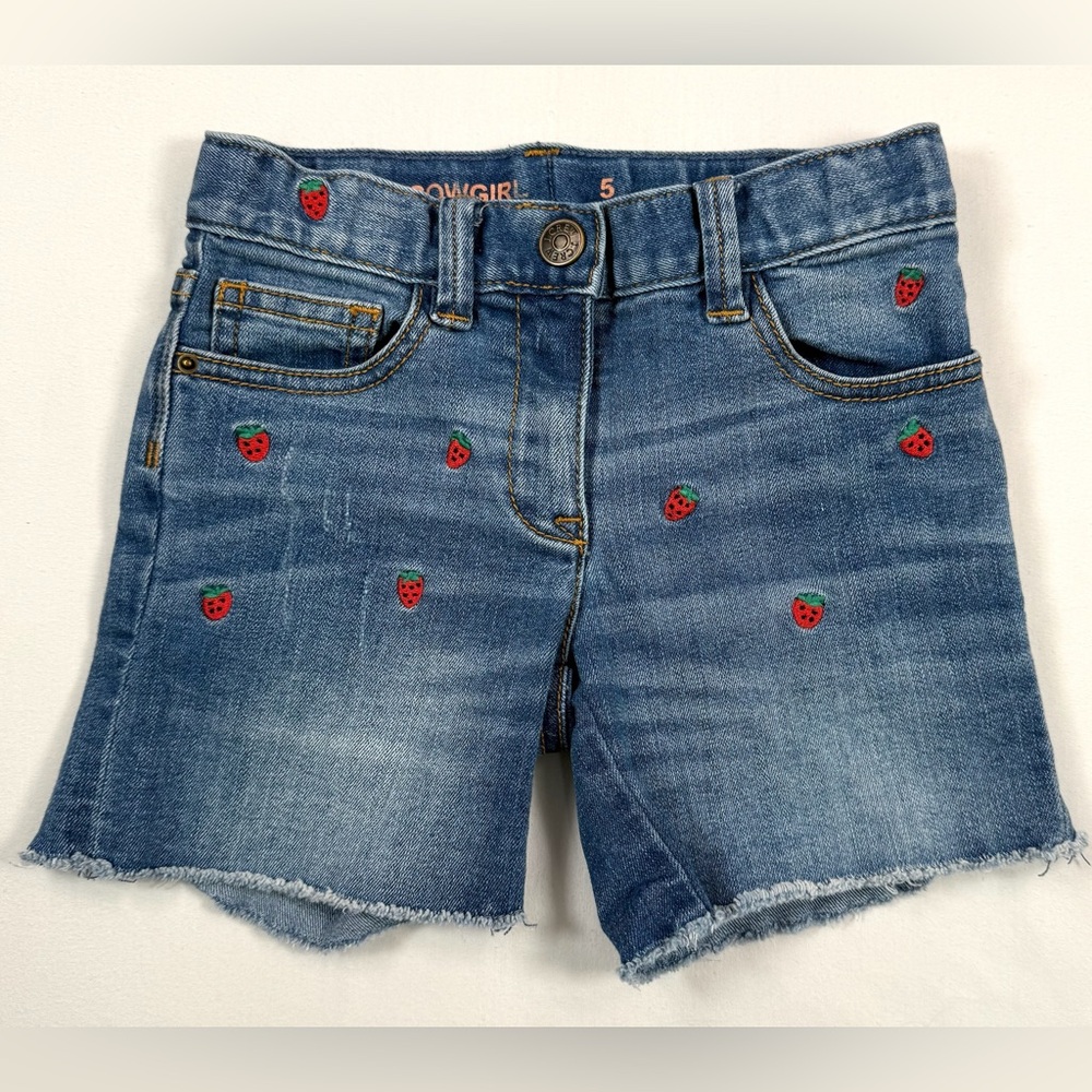 CREWCUTS‎ Girls’ Cowgirl Strawberry Embroidered Cutoff Denim Shorts Size 5